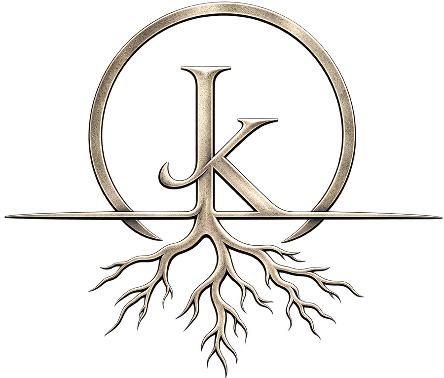 Sello de Johan H. Keating: las iniciales JK sobre la línea del horizonte, con raíces que descienden bajo el suelo